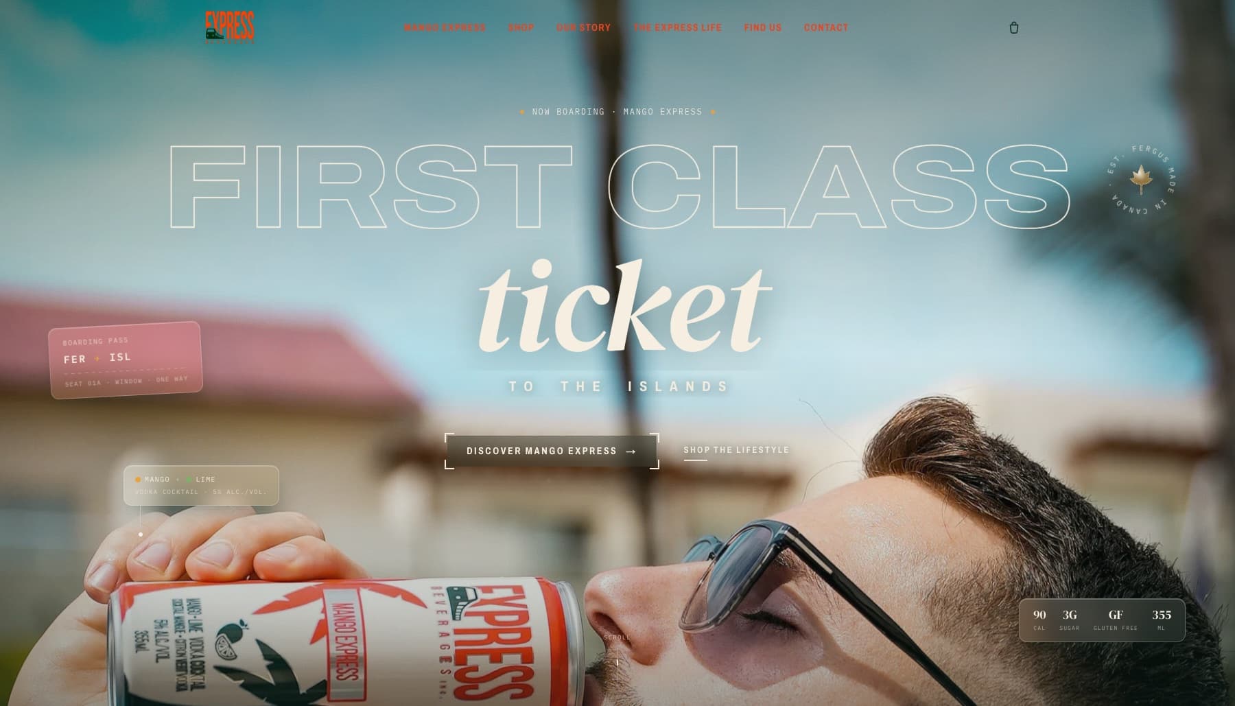 Express Beverages concept — 'First class ticket to the islands' beside a Mango Express can under a blue sky